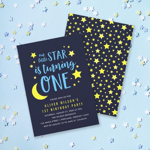 Blue Yellow Moon and Stars 1st Birthday Invitation