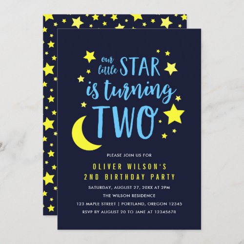 Blue Yellow Moon and Stars 2nd Birthday Invitation