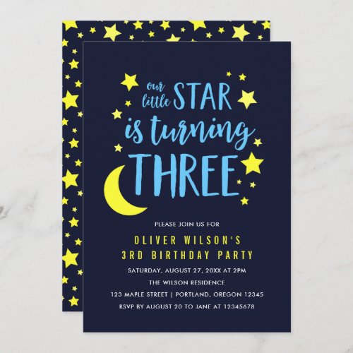 Blue Yellow Moon and Stars 3rd Birthday Invitation