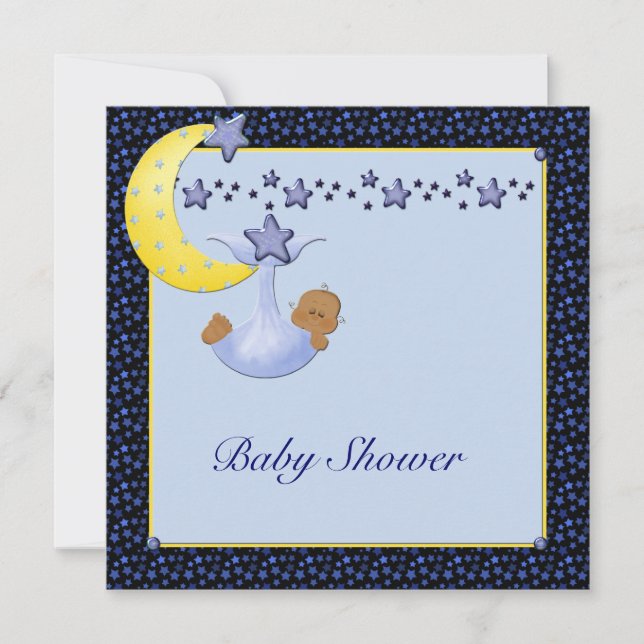 Blue Yellow Moon Stars Boy Ethnic Shower Invitation (Front)