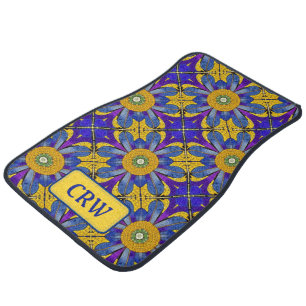 Blue & Yellow Mosaic Floor - Add Initials Car Floor Mat