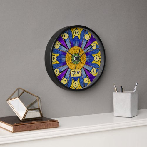 Blue  Yellow Mosaic Modern Roman Look  Initials Clock