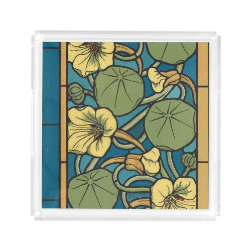 Blue Yellow Nasturtium Flower Nouveau Pattern Acrylic Tray