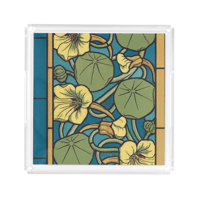 Blue Yellow Nasturtium Flower Nouveau Pattern Acrylic Tray (Front)