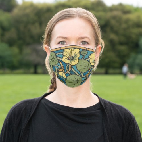 Blue Yellow Nasturtium Flower Nouveau Pattern Adult Cloth Face Mask