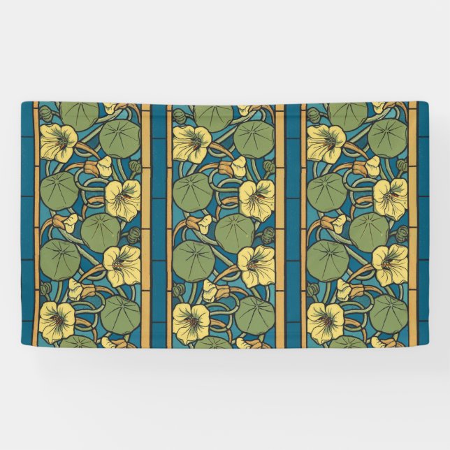Blue Yellow Nasturtium Flower Nouveau Pattern Banner (Horizontal)