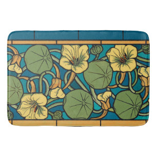 Blue Yellow Nasturtium Flower Nouveau Pattern Bathroom Mat