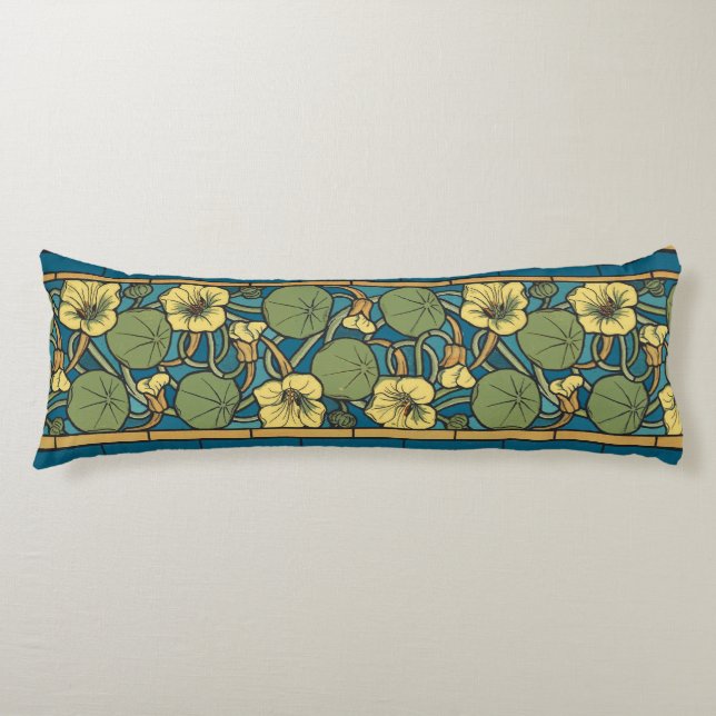 Blue Yellow Nasturtium Flower Nouveau Pattern Body Pillow (Front)