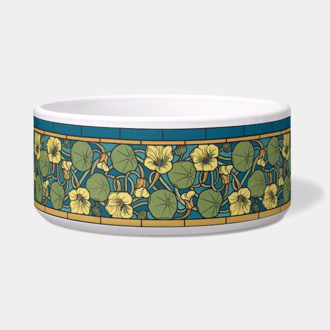 Blue Yellow Nasturtium Flower Nouveau Pattern Bowl (Front)