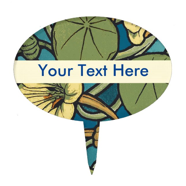 Blue Yellow Nasturtium Flower Nouveau Pattern Cake Topper (Front)