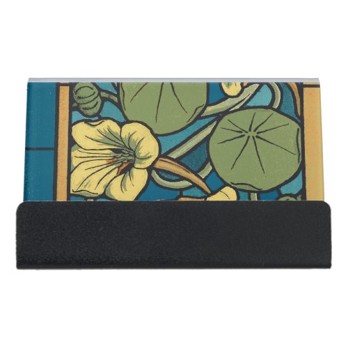 Blue Yellow Nasturtium Flower Nouveau Pattern Desk Business Card Holder