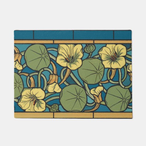 Blue Yellow Nasturtium Flower Nouveau Pattern Doormat