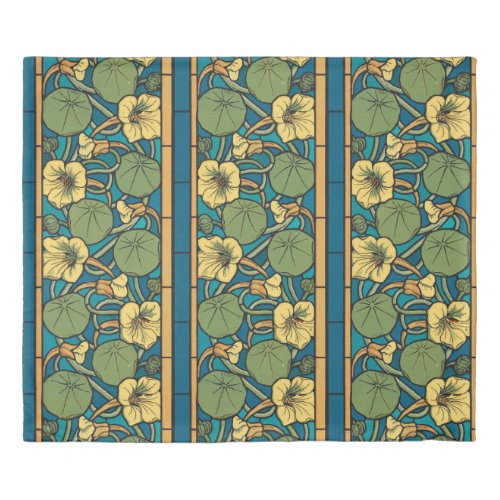 Blue Yellow Nasturtium Flower Nouveau Pattern Duvet Cover