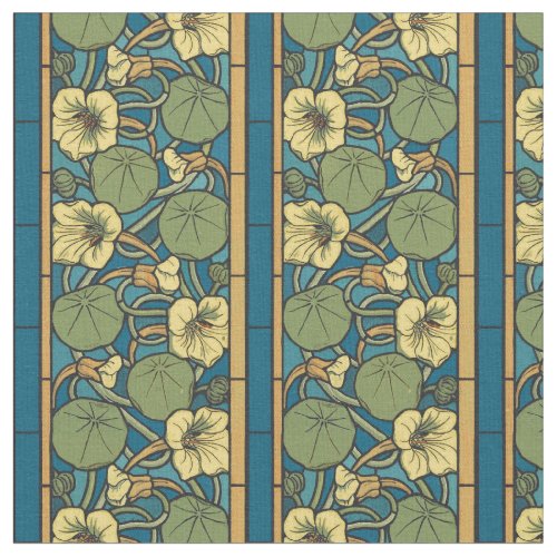 Blue Yellow Nasturtium Flower Nouveau Pattern Fabric