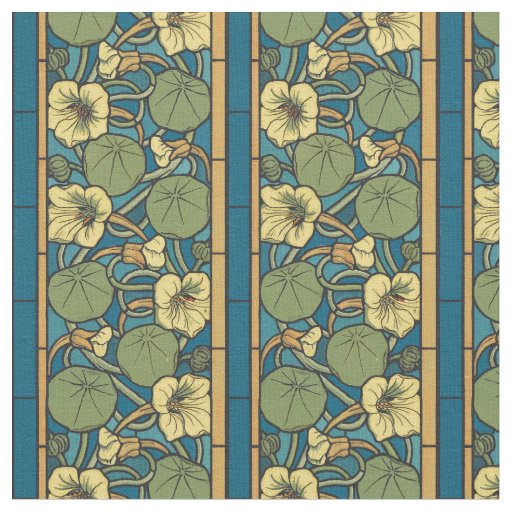 Blue Yellow Nasturtium Flower Nouveau Pattern Fabric