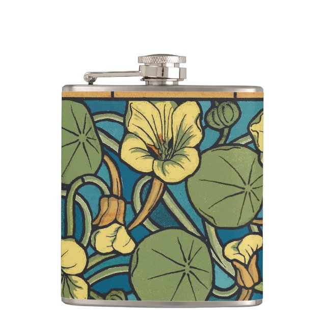 Blue Yellow Nasturtium Flower Nouveau Pattern Flask (Front)
