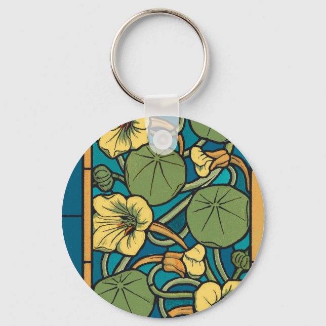 Blue Yellow Nasturtium Flower Nouveau Pattern Keychain (Front)