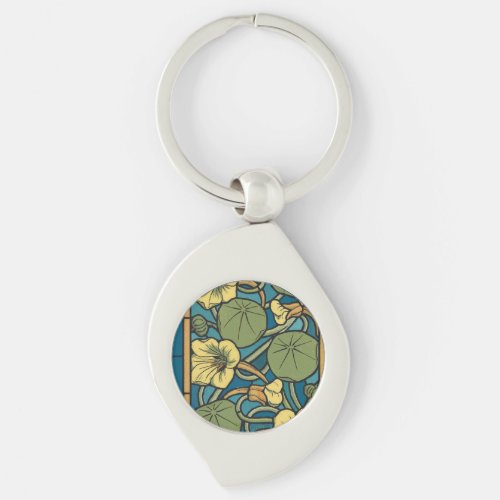 Blue Yellow Nasturtium Flower Nouveau Pattern Keychain