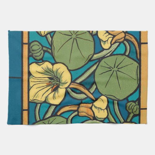 Blue Yellow Nasturtium Flower Nouveau Pattern Kitchen Towel