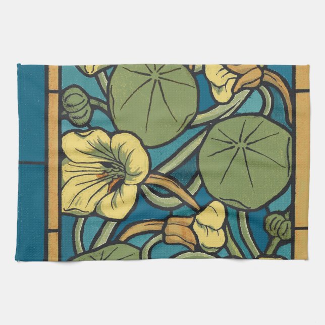 Blue Yellow Nasturtium Flower Nouveau Pattern Kitchen Towel (Horizontal)