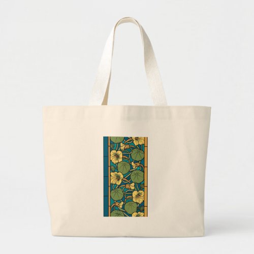 Blue Yellow Nasturtium Flower Nouveau Pattern Large Tote Bag