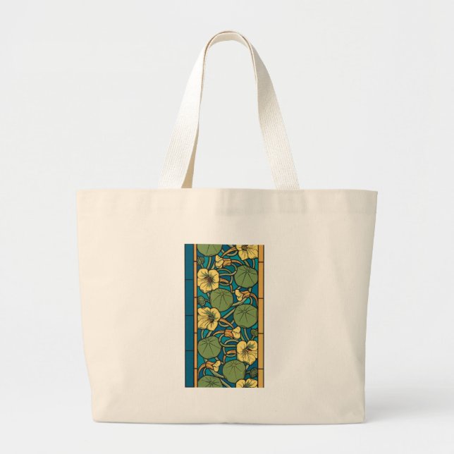 Blue Yellow Nasturtium Flower Nouveau Pattern Large Tote Bag (Front)