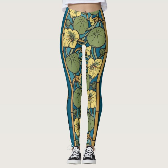 Blue Yellow Nasturtium Flower Nouveau Pattern Leggings (Front)