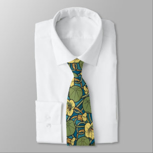 Blue Yellow Nasturtium Flower Nouveau Pattern Neck Tie