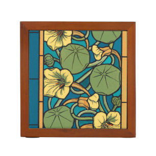 Blue Yellow Nasturtium Flower Nouveau Pattern Pencil Holder