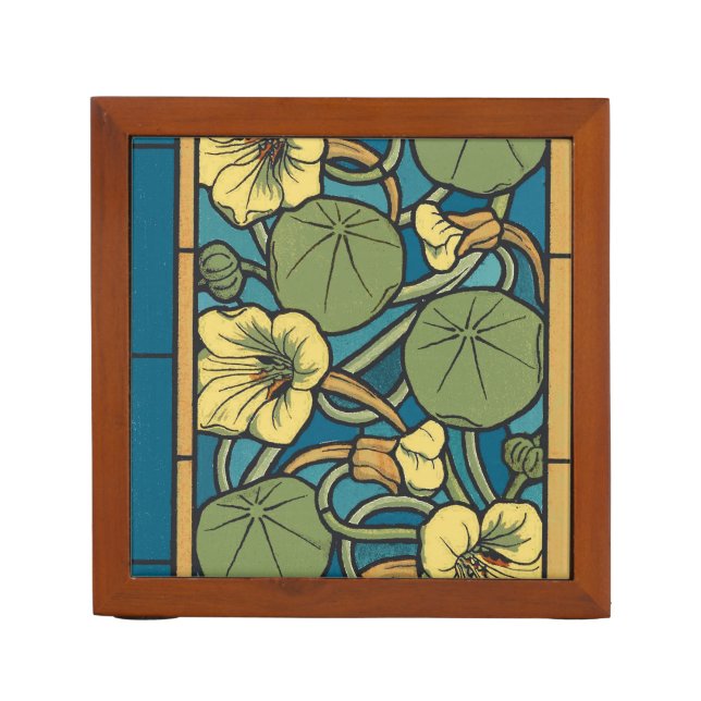 Blue Yellow Nasturtium Flower Nouveau Pattern Pencil Holder (Front)