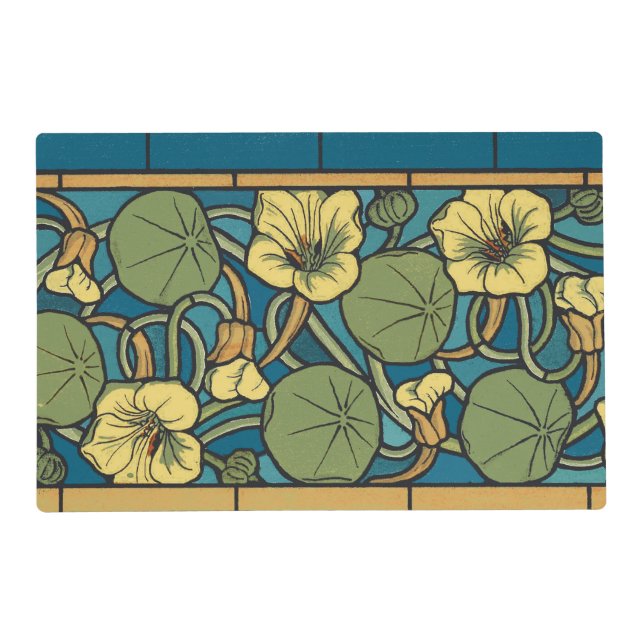 Blue Yellow Nasturtium Flower Nouveau Pattern Placemat (Front)