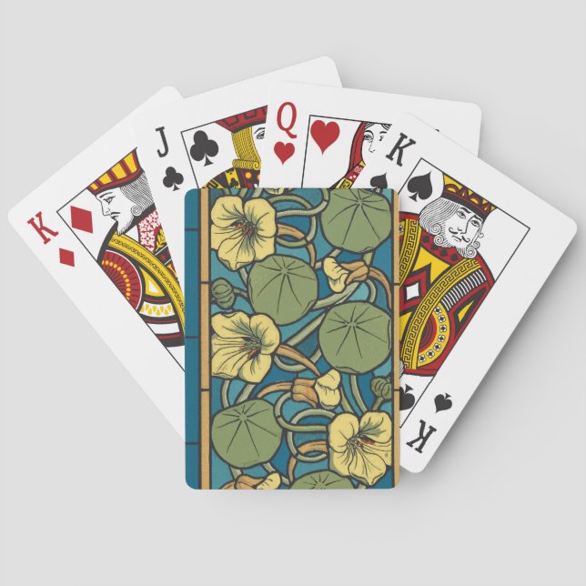 Blue Yellow Nasturtium Flower Nouveau Pattern Poker Cards (Back)