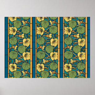 Blue Yellow Nasturtium Flower Nouveau Pattern Poster