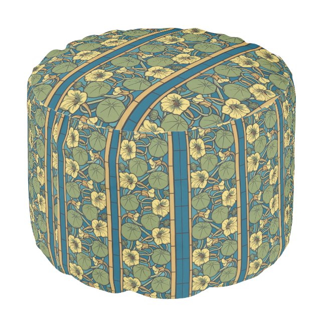 Blue Yellow Nasturtium Flower Nouveau Pattern Pouf (Angled Back)