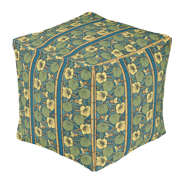 Blue Yellow Nasturtium Flower Nouveau Pattern Pouf (Angled Front)