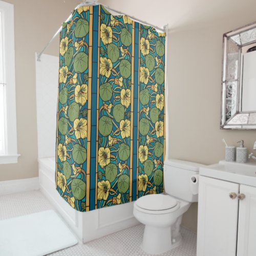 Blue Yellow Nasturtium Flower Nouveau Pattern Shower Curtain