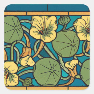 Blue Yellow Nasturtium Flower Nouveau Pattern Square Sticker