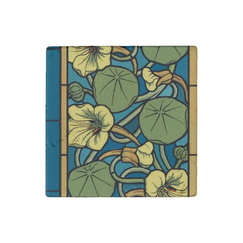 Blue Yellow Nasturtium Flower Nouveau Pattern Stone Magnet