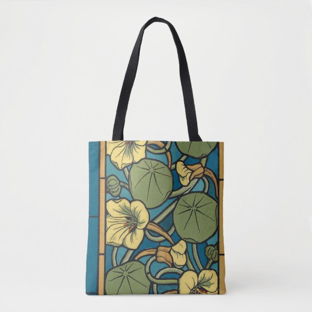 Blue Yellow Nasturtium Flower Nouveau Pattern Tote Bag (Front)