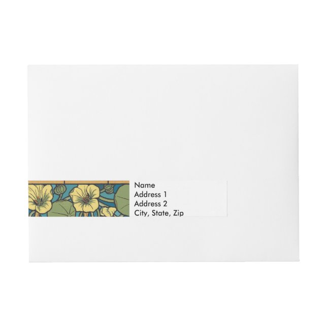 Blue Yellow Nasturtium Flower Nouveau Pattern Wrap Around Address Label (Front)