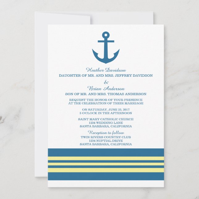 Blue Yellow Nautical Anchor Wedding Invite (Front)