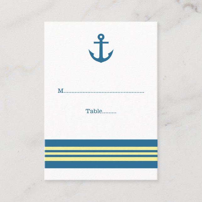 Blue Yellow Nautical Anchor Wedding Place Cards (Front)