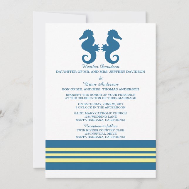 Blue Yellow Nautical Seahorse Wedding Invite (Front)