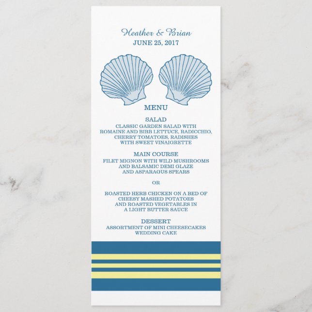 Blue Yellow Nautical Seashells Wedding Menu (Front)