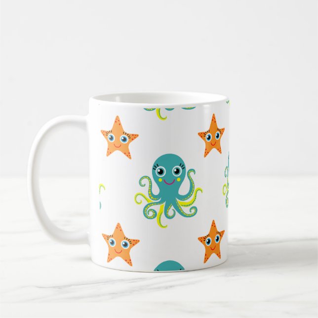 Blue Yellow Octopus; Orange Starfish Coffee Mug (Left)