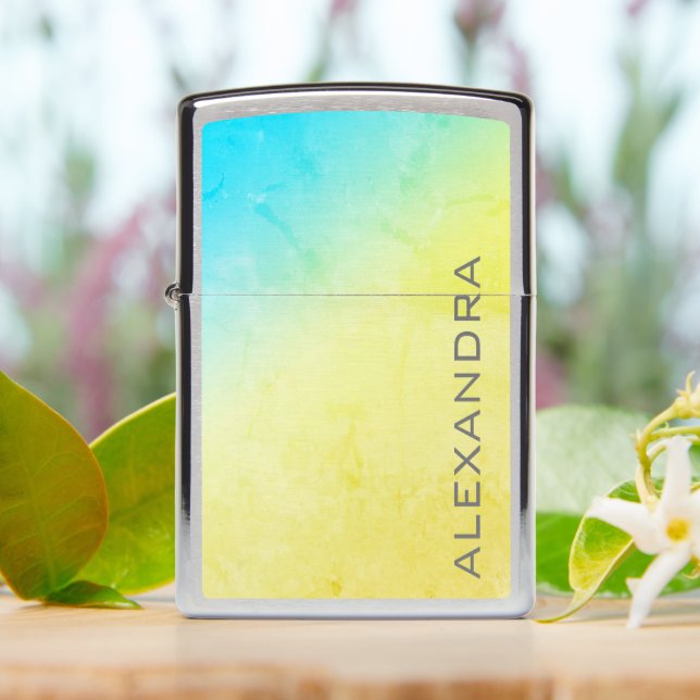 Blue Yellow Ombre Custom Name Zippo Lighter (On Table)