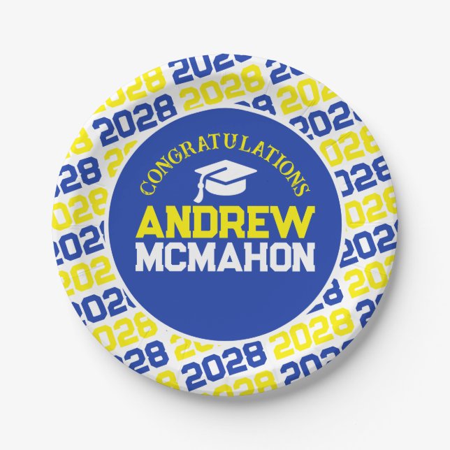 Blue & Yellow on White Graduation Personalized Paper Plates (Front)