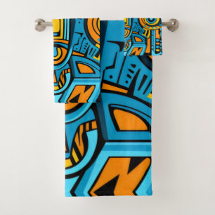 Blue yellow orange mirror doodles bath towel set