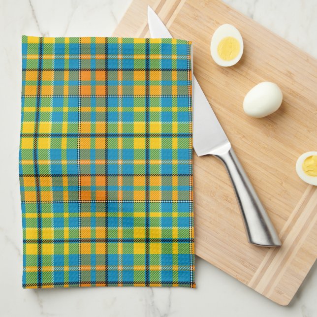 Blue Yellow Orange Plaid Tartan Design  Kitchen Towel (Quarter Fold)
