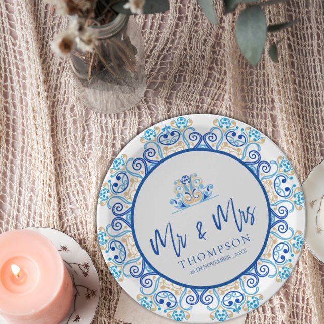 Blue Yellow Ornamental Mr Mrs Name Wedding Party Paper Plates (Blue Yellow Ornamental Mr Mrs Name Wedding Party Paper Plates)